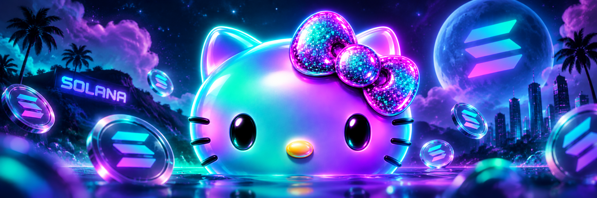 solkitty in a neon Solana landscape
